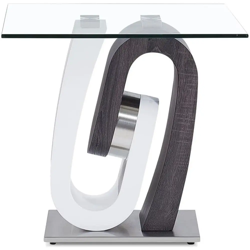 

Contemporary Metal End Table, 24 in x 24 in x 23 in, Glass Top, Gray/White inish, Two-Tone Pedestal Base, Sleek and Durable Desi