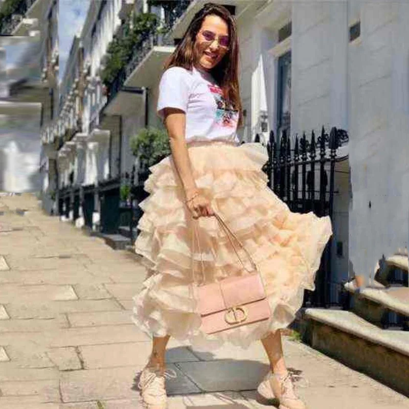 

Trendy Champagne Ruffle Skirts Long Puffy Maxi Skirt Layered Ankle Length Elastic Waist Multi Layers A Line Adult Skirt Tutu