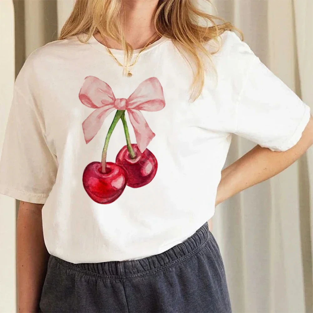 Women T-shirts Cherry Bow T Shirt 90s Ladies Fashion Clothing Cartoon Clothes Short Sleeve Female Tees Valentine Tshirt