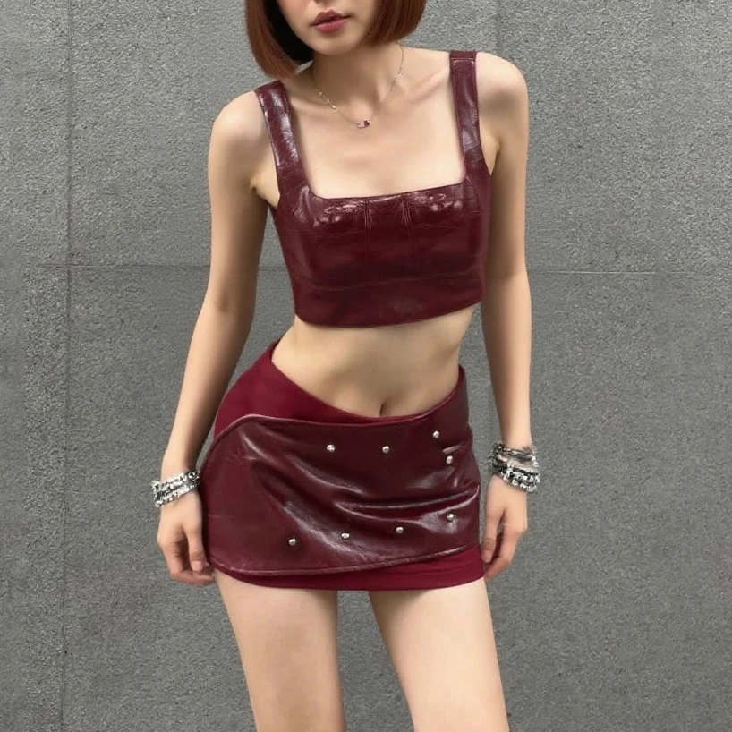 WhereMery Setelan Dua Potong Kulit Imitasi Baru Musim Gugur Atasan Crop Tanpa Lengan Leher U dan Rok Pendek Paku Keling Setelan Wanita Gadis Rempah-rempah Seksi