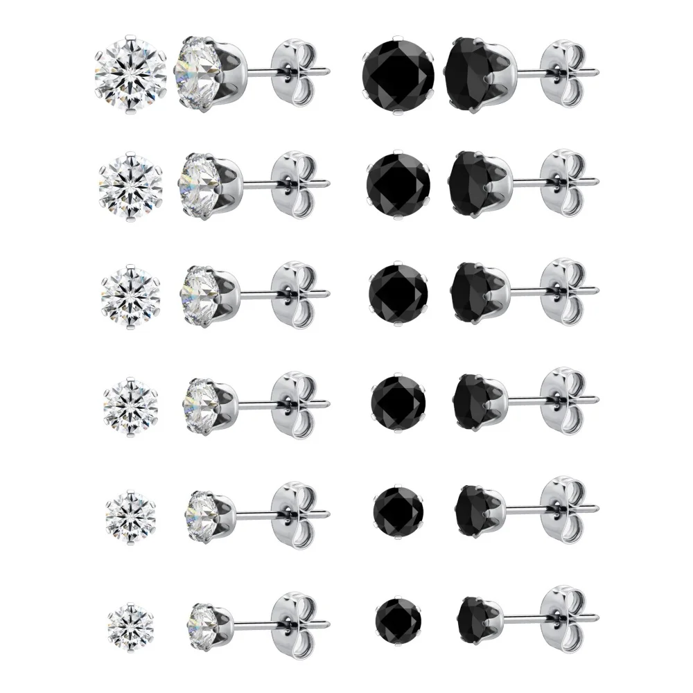 12 Pairs Silver Earrings Surgical Steel Earrings Women's Earrings Hypoallergenic Earrings Set Men's Earrings CZ Studs Earrings