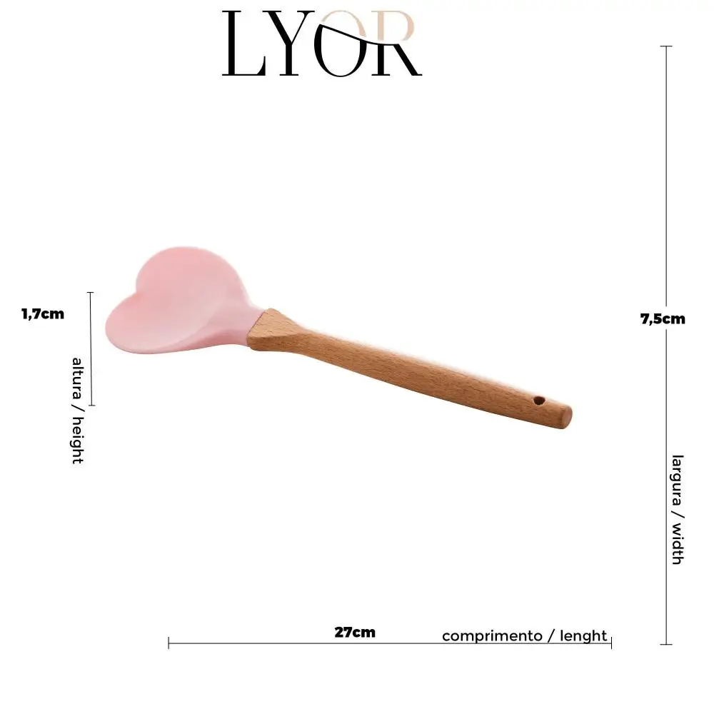 Silicone Spoon C/Pink Heart Bamboo Cable 27Cm