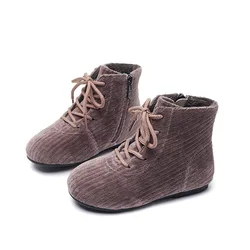 Botas hasta el tobillo para niños, zapatos de pana con cremallera lateral y cordones, zapatillas informales sólidas de felpa, moda de invierno, 2024