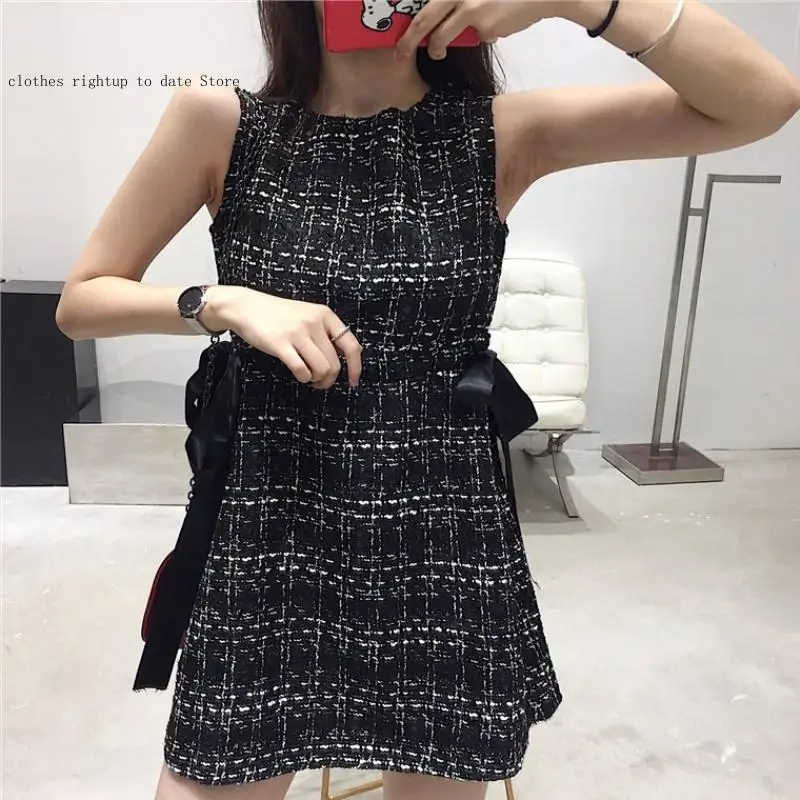 O-Neck Plaid Elegant Casual Empire Bodycon Short Dress Vintage Summer Women Tweed Bandage Dresses for Women Party Sleeveless Bow