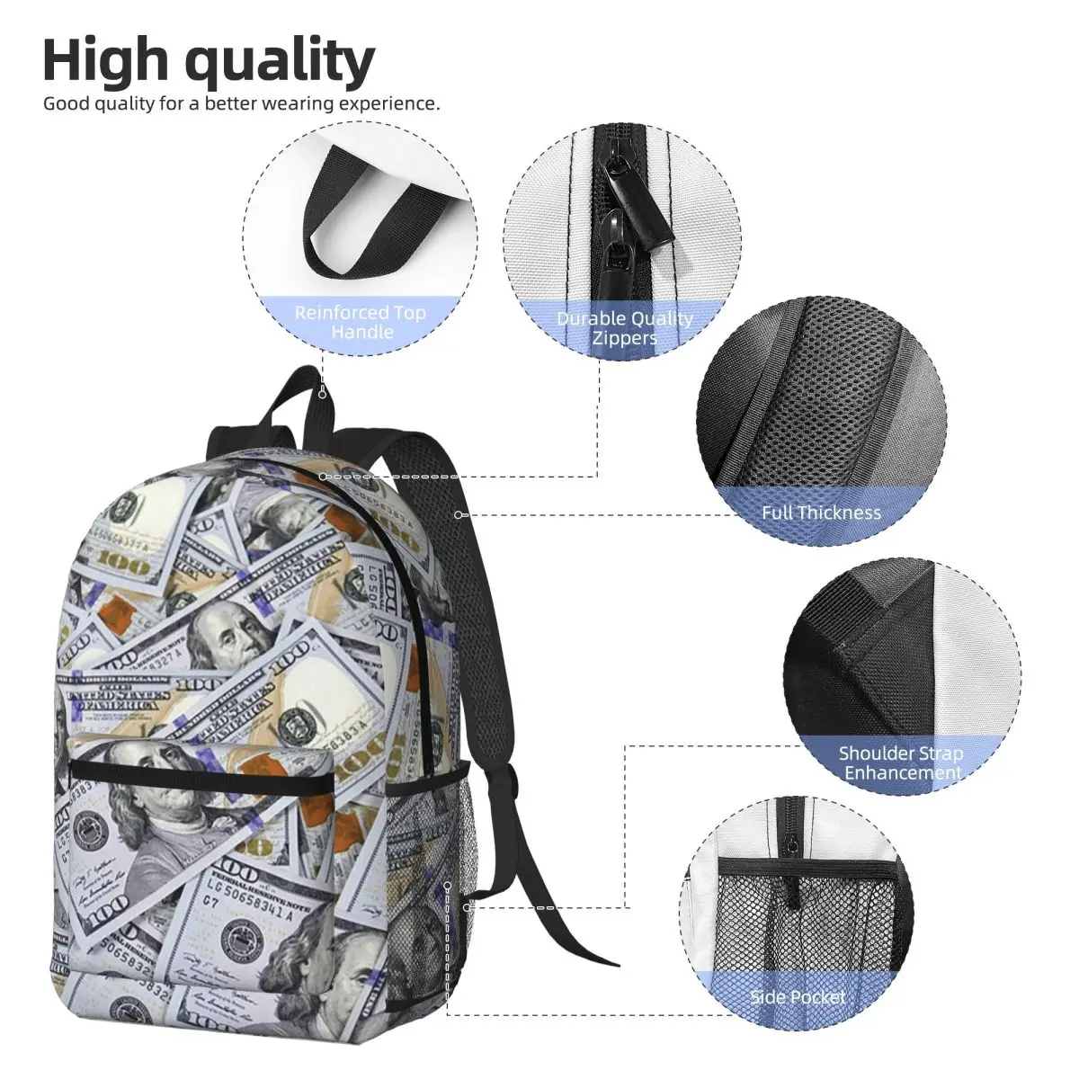 Giant Money Background 100 Dollar Bills Backpack Boys Girls BookBag Kids School Bag Computer Shoulder Bags for Men Women