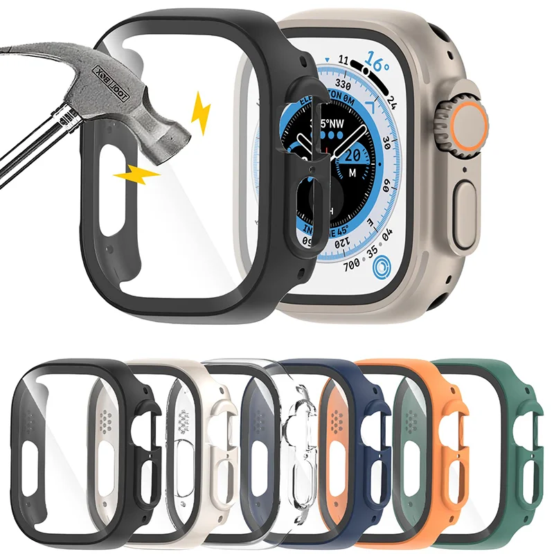 Kaca + casing untuk Apple Watch Ultra2 49mm tali jam tangan pintar PC Bumper + pelindung layar penutup antigores iwatch Seri Aksesori tali
