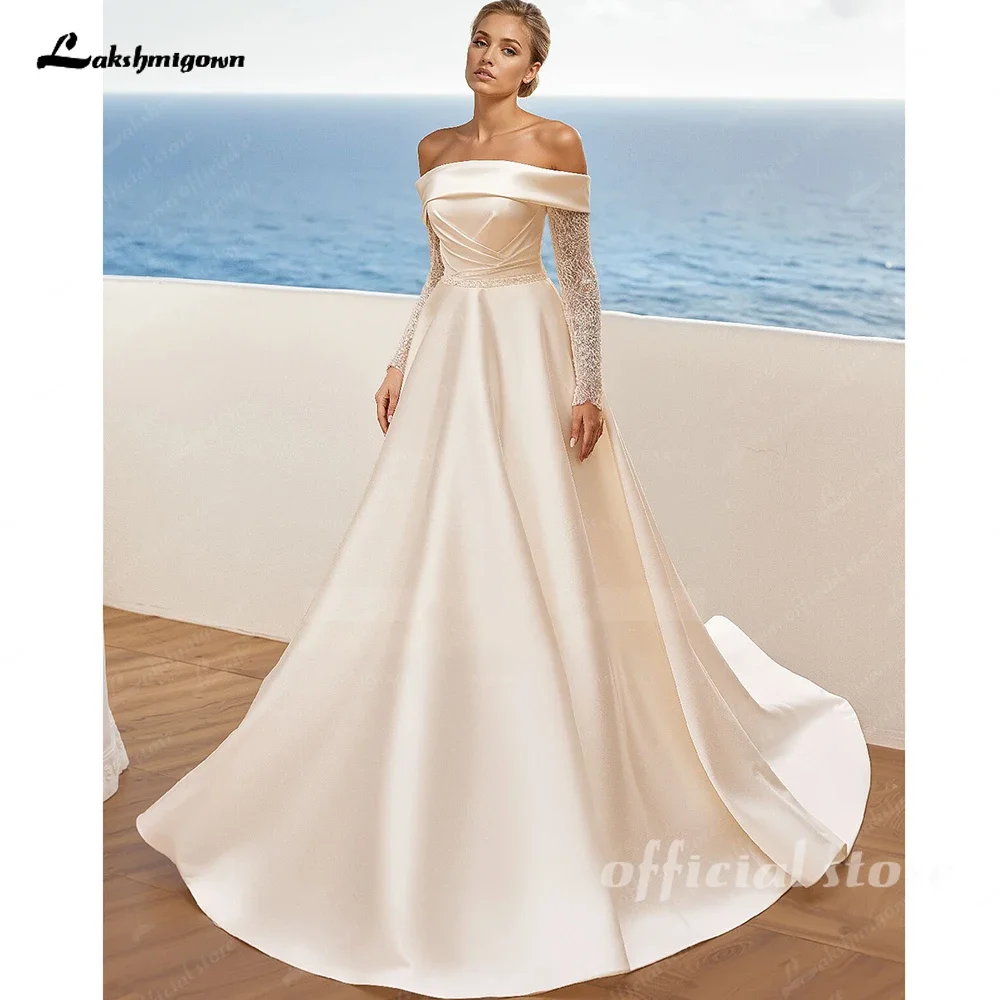 

Lakshmigown Long Sleeves Satin/Sequined Wedding Dresses A-Line Off-The-Shoulder Beach Boho Bridal Gowns Customized