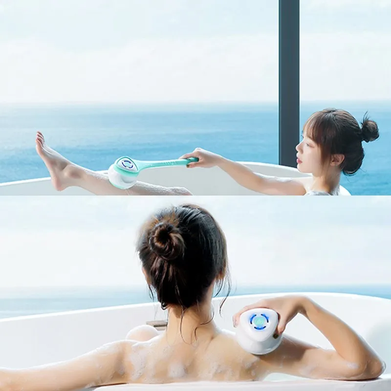 Pealy escova corporal massagem limpeza facial 2 em 1 graus rotação automática ip67 à prova d'água 5 escovas 3 seções de força 40cm lon