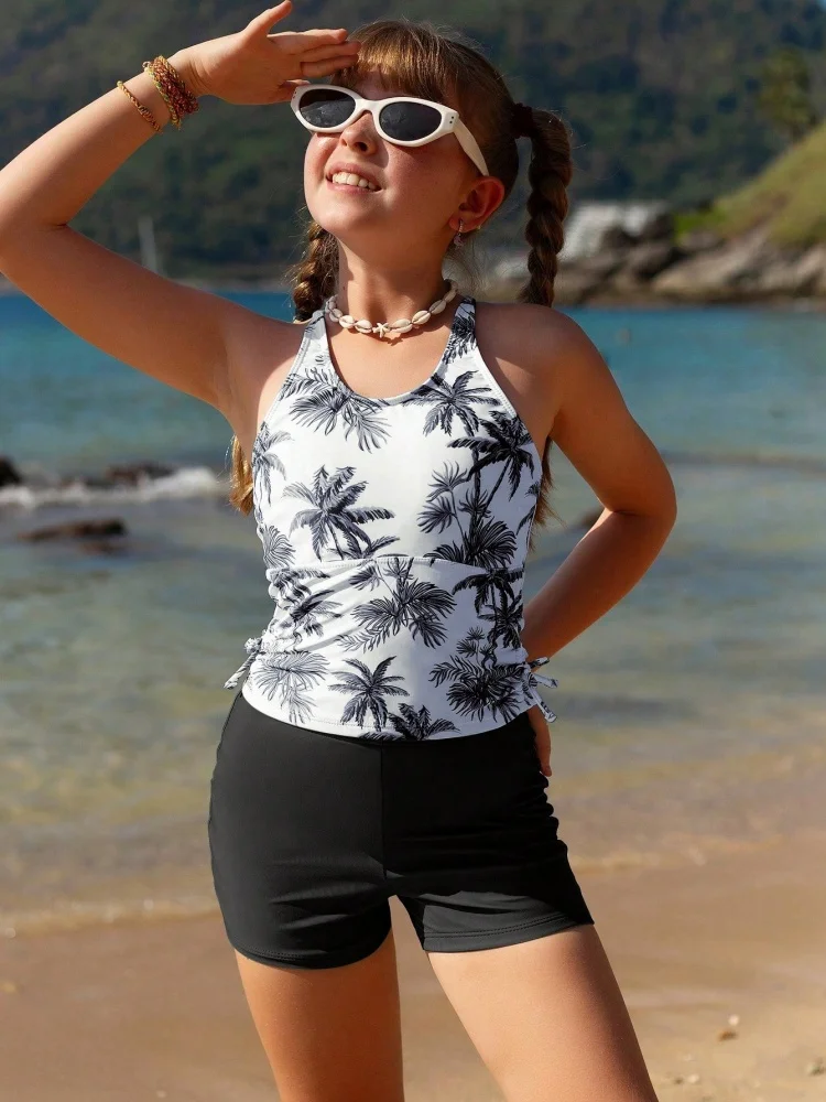 

Girls Kids Swimsuit 2025 New Print Black Sling Children Swimwear Summer Tankini Shorts Two Piece Beachwear Bathing Suit Swimming