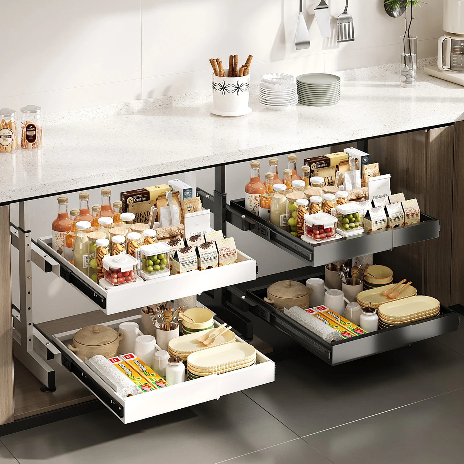 

Punch-free Kitchen Cabinet Under The Dish Storage Rack Built-in Drawer Bowl Rack Layered Pull-out Telescopic Basket