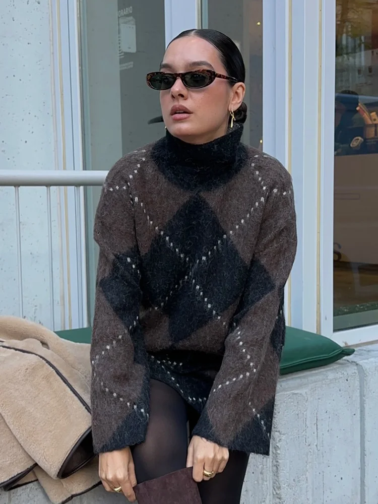 HH 여성용 하이 칼라 긴 소매 체크무늬 가을 니트 풀오버+우아한 하이 웨이스트 스트리트 스타일 미니 스커트 세트