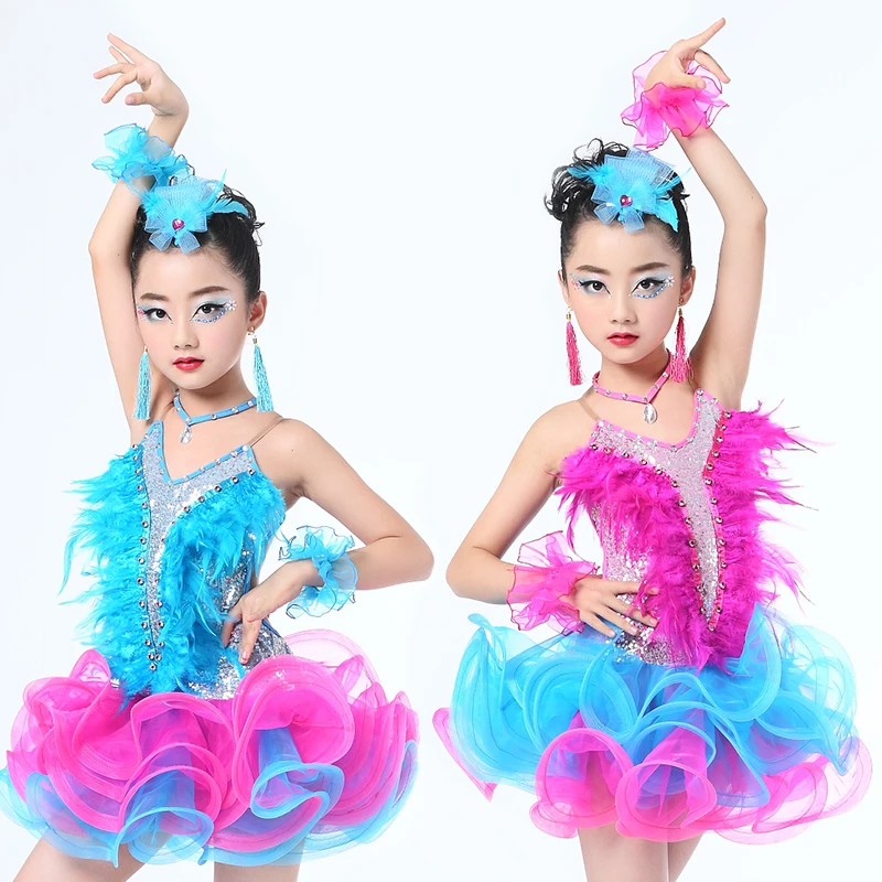 

Children's professional Latin dance dress, girls' ballroom dance competition dress, sequin feather new flow Suladin dance dress