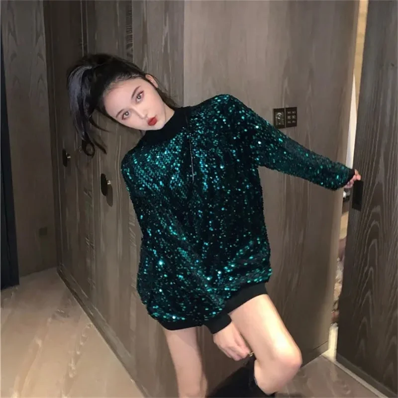 Sequin Pullover Top Women Autumn Winter Add Velvet Thickening Mini Dress Female Loose Korean Sweatshirt Lady Tops