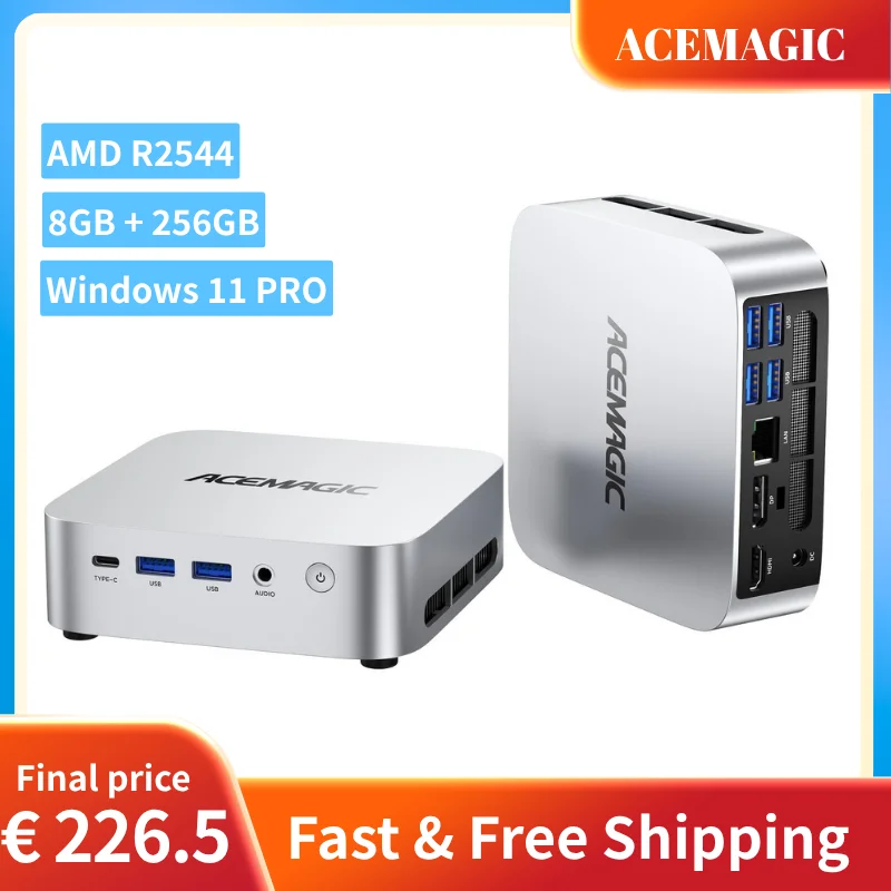 Mini PC ACEMAGIC K1, AMD R2544, 8GB RAM DDR4, 256GB SSD M.2, 3.7GHz (Supera a 4300U/3500U), Win11 Pro, 4K HDMI+DP, PC de Escritorio Silencioso