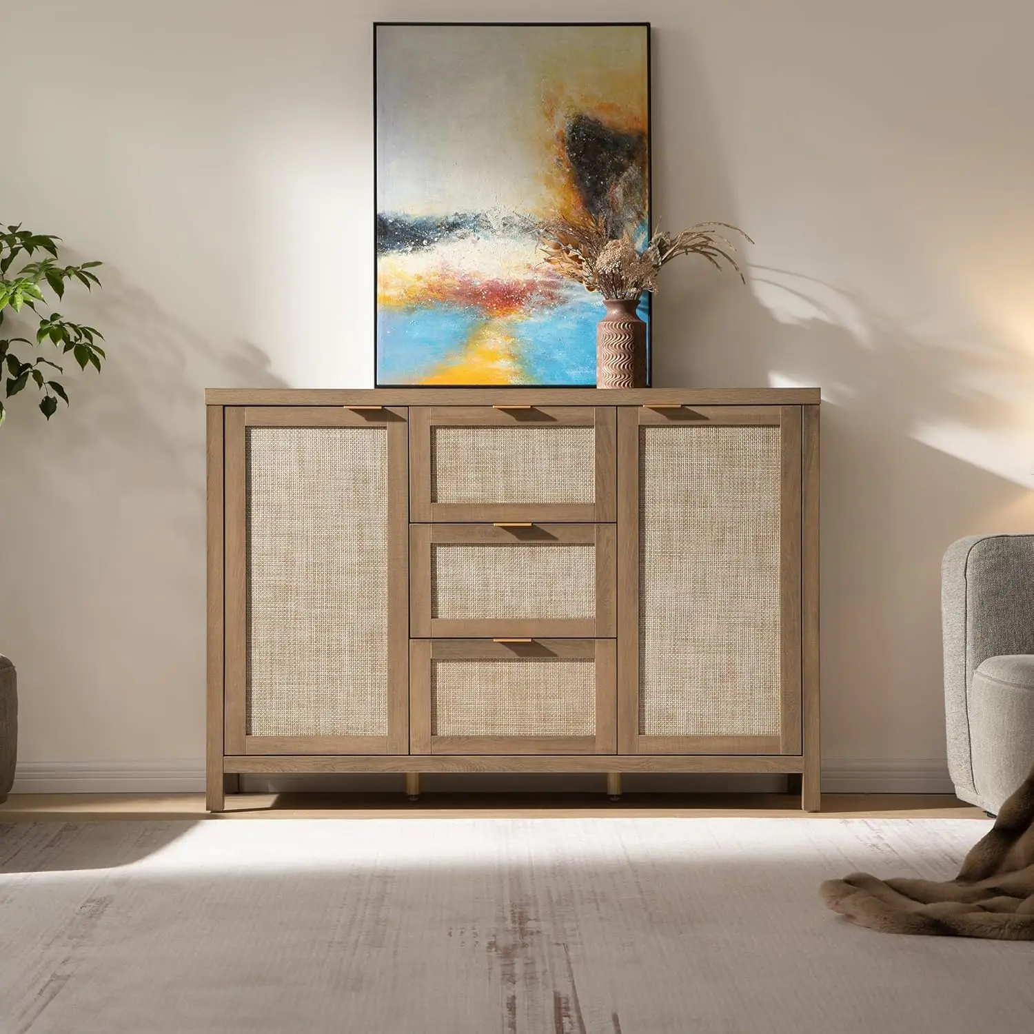 Credenza a buffet in rattan con 3 cassetti e 2 ante, armadio portaoggetti in quercia caramello per soggiorno, cucina
