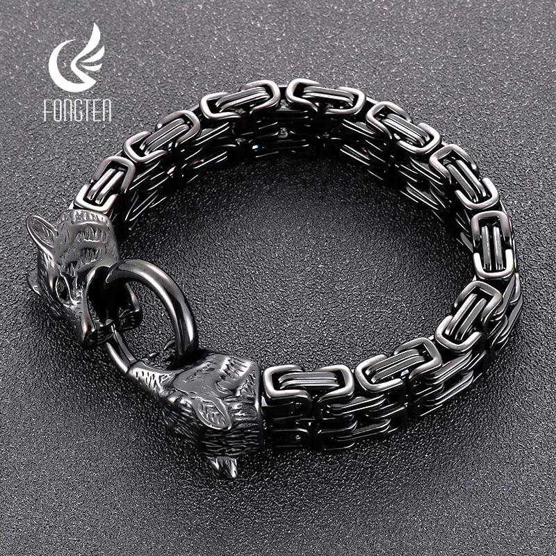 Fongten Wolf Hand Bracelet for Men Stainless Steel Dounle Layer Box Chain Charm Men's Wristband Bangles Bracelets Jewellery