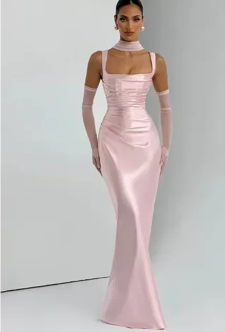 Elegant Scarf Collar Sling Women Summer Dress Solid Sleeveless Off-shoulder Slim Maxi Dresses 2026 Lady Chic Evening Party Gown image 5