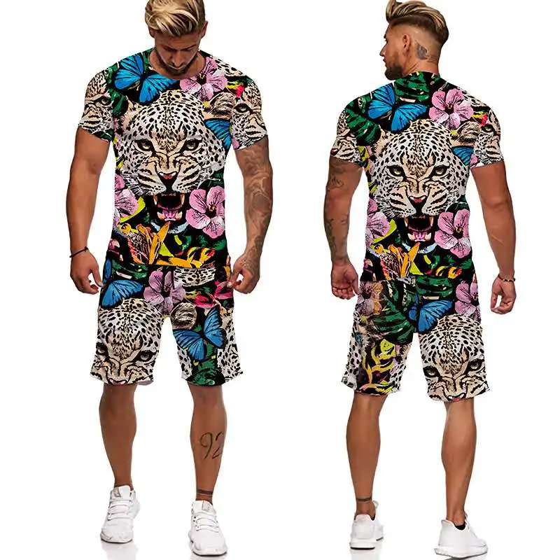 

Casual Digital Printed Men's Suit Loose Fit Sportswear Set Teen Boys Cotton T-irt orts Spring Summer Faion