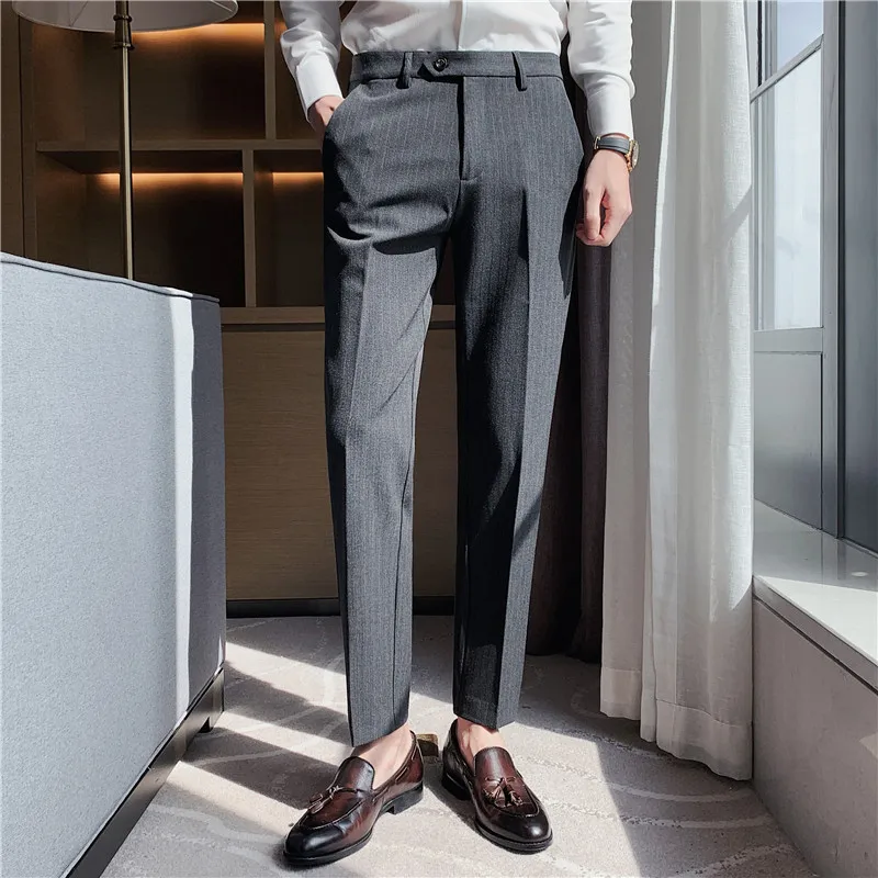 Men Clothing Autumn Striped Suit Pants for Men Elastic Slim Fit Casual Business Formal Pants Versatile Social Office Trousers