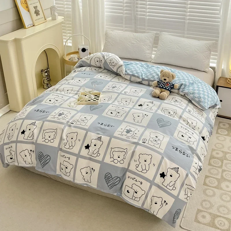 Cute Bear Checkered 100% Cotton Duvet Cover Twin Queen Bedding Reversible Plaid Pattern Geometric Comforter Cover Zipper Closure