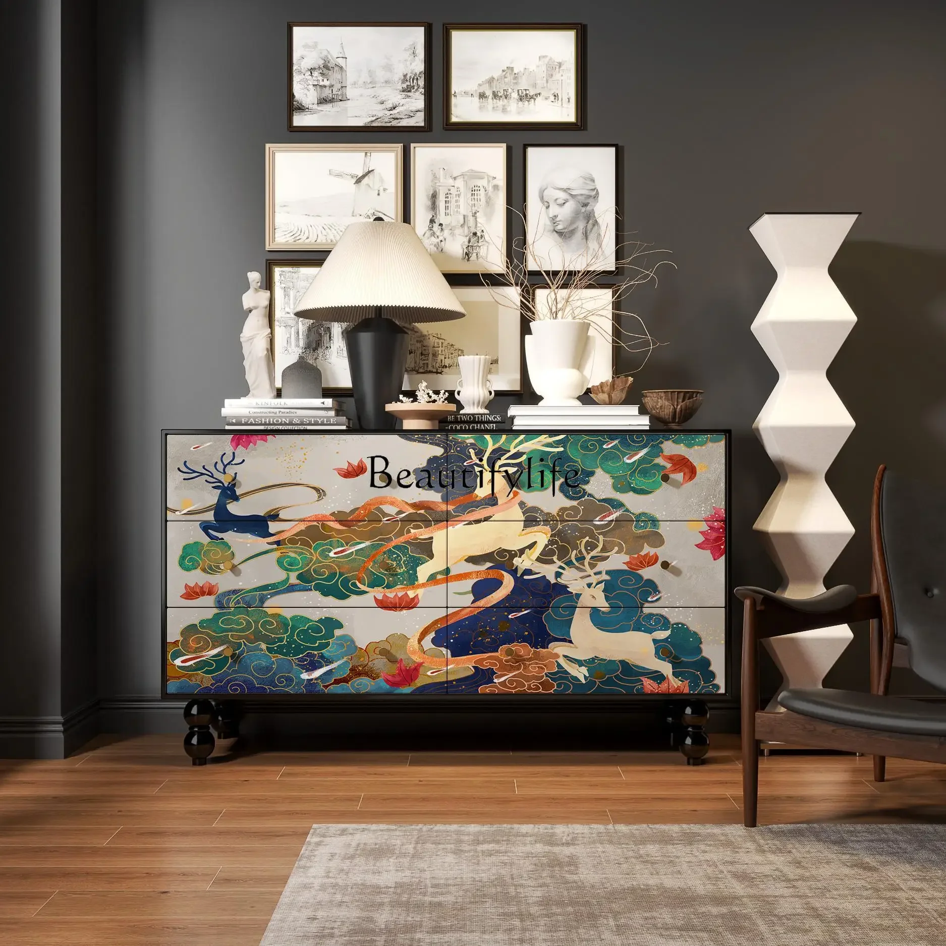 yj21 French medieval six-chest cabinet solid wood entry living room drawer decorative storage custom cabinet