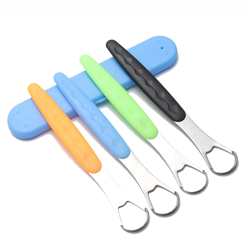 4 Colors Stainless Steel Tongue Scraper Cleaner Plastic Handle Adult Oral Hygiene Care Tool for Removing Bad Breath