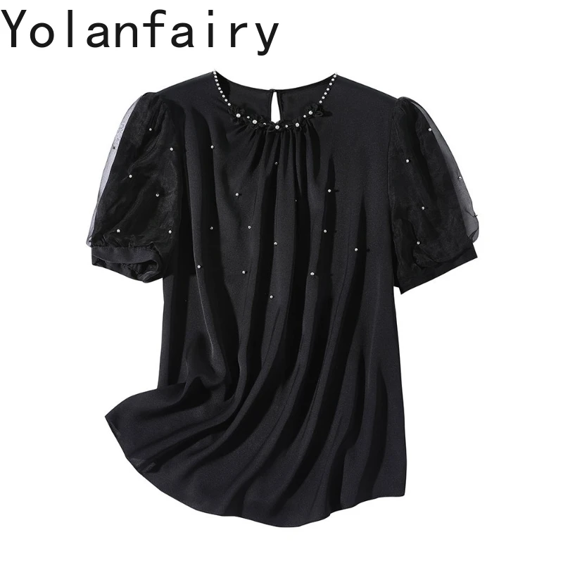 

YOLANFAIRY 95% Mulberry Silk T Shirts for Woman Summer High-end Chic Black Tee Shirt Femme Elegant T Shirts Female Ropa Mujer