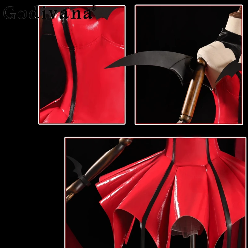 Zestaw Karnawałowy Halloween dla Kobiet Czerwony Świąteczny Strój do Odgrywania Ról Damska Peruka Skrzydła Akcesoria Sukienka