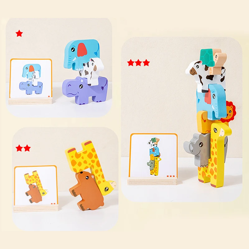 Bloques de apilamiento de animales de madera, juguete de equilibrio Montessori, rompecabezas educativo de entrenamiento de Motor fino para niños
