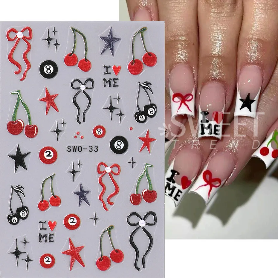 5D Cherry Bow Nail Art Sticker Y2K Heart Star 2/8 Ball Design Nail Decals Red Black Crazy French Floral DIY Manicure Decoration