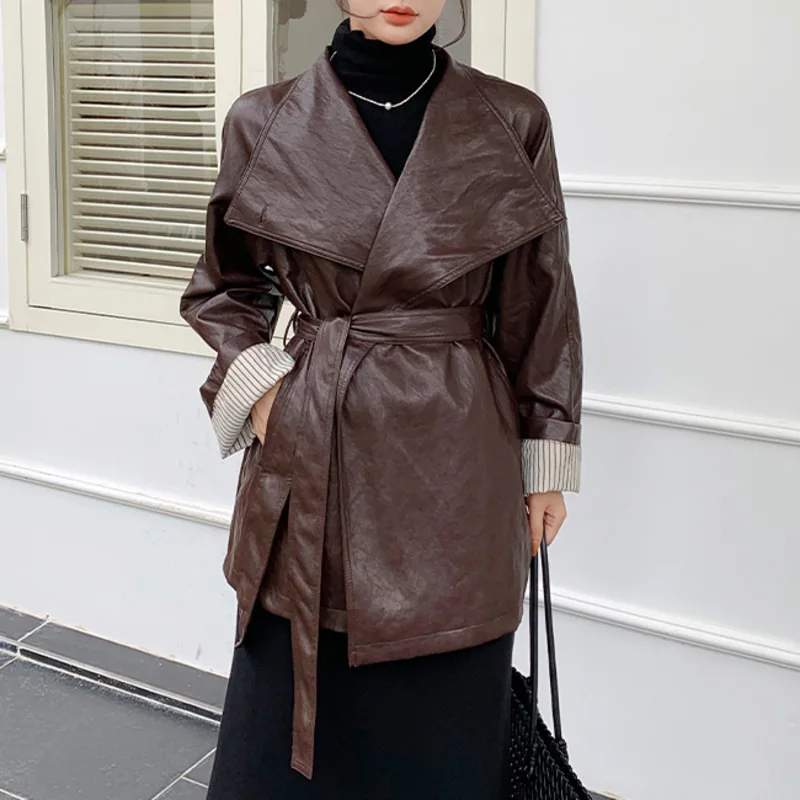 

SuperAen ретро свободная куртка из искусственной кожи женская осенне-зимняя куртка с высокой талией на шнуровке в английском стиле с отложным воротником