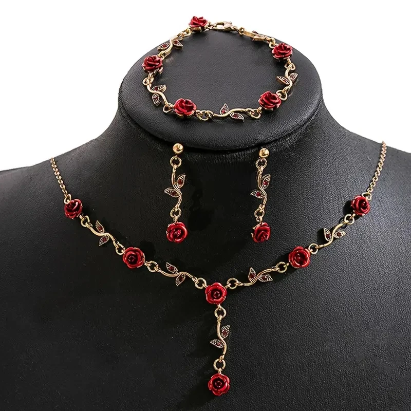New Cross-border Fashion Jewelry, Vintage Rose Necklace and Earrings, Light Luxury High-end Necklace Set