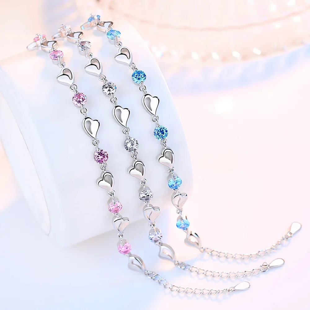 925 Sterling Silver Bracelet Jewelry High Quality Retro Heart Wedding Shaped Cubic Zirconia Length 17CM+4CM