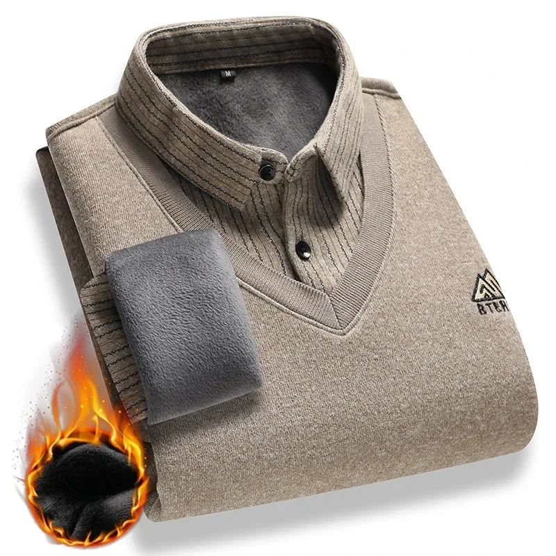 

Men Fake Two Piece Pullover 2024 Winter Thick Polo Neck Sweaters Retro Fashion Solid Casual Fleece Lined Jumper Knitting Sweater
