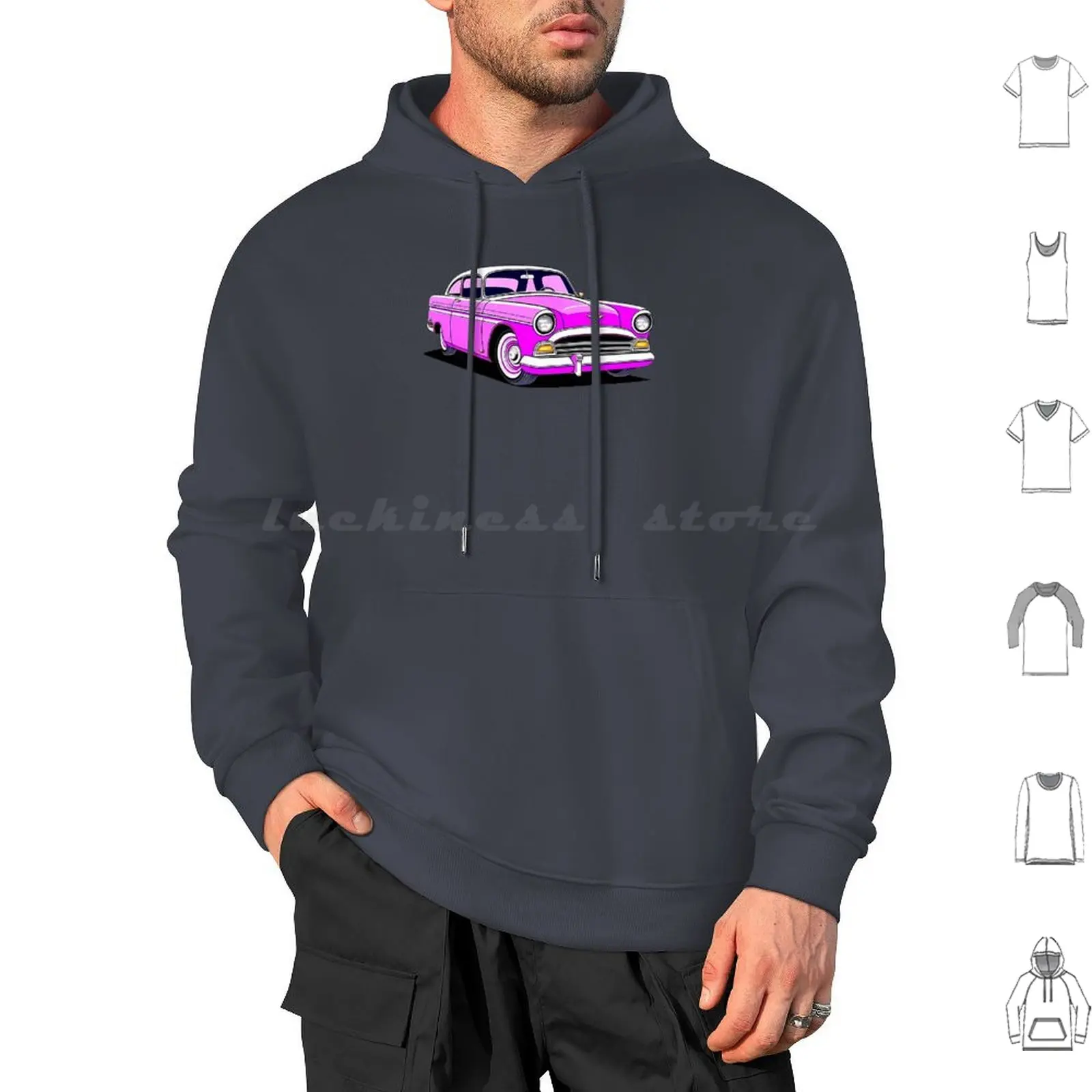 Pink Hoodie cotton Long Sleeve Pink Pink Car Vintage Retro Classic Classic Car Pink Car Elvis Convertible Music Cute Caddy