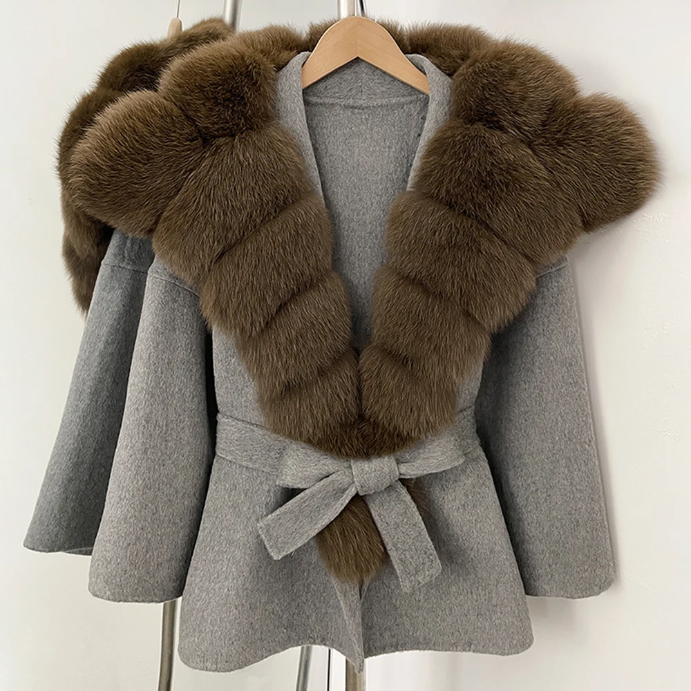 

Real Fox Fur Collar Reality Fur Jacket Luxury 2025 New Winter Autumn Coats Women Ladies Elegant Belt Design Outwear Wool Coat