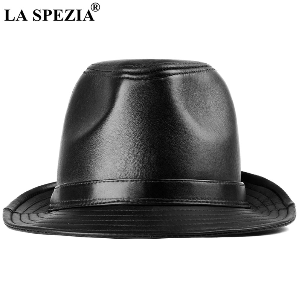

LA SPEZIA Brand New Black Fedora Hat Men Genuine Leather Sheepskin Jazz Cap Autumn Winter Casual High Quality Wide Brim Hat