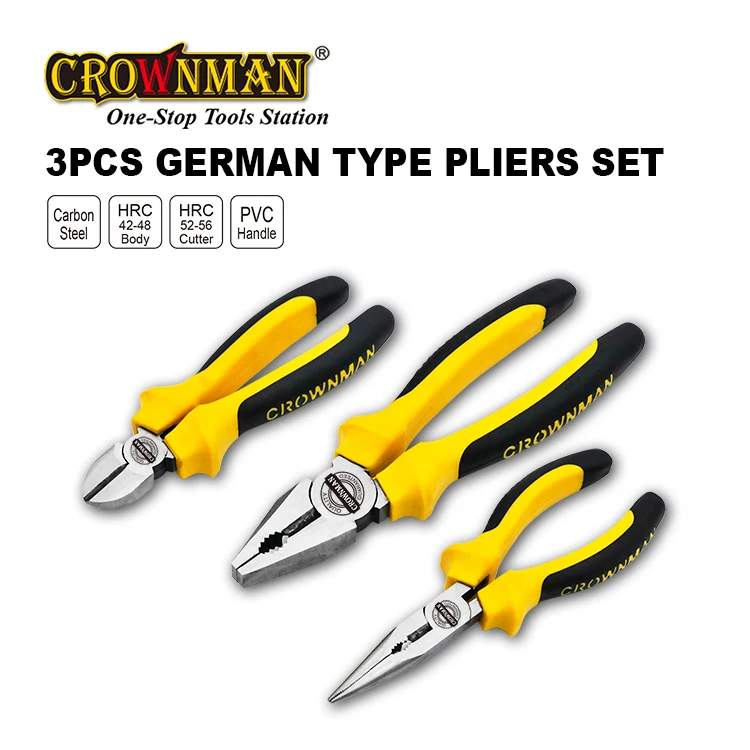 CROWNMAN Holding Tools Promotional 3 PCS Carbon Steel German Combination Plier Cutting Plier Long nose Pliers Set