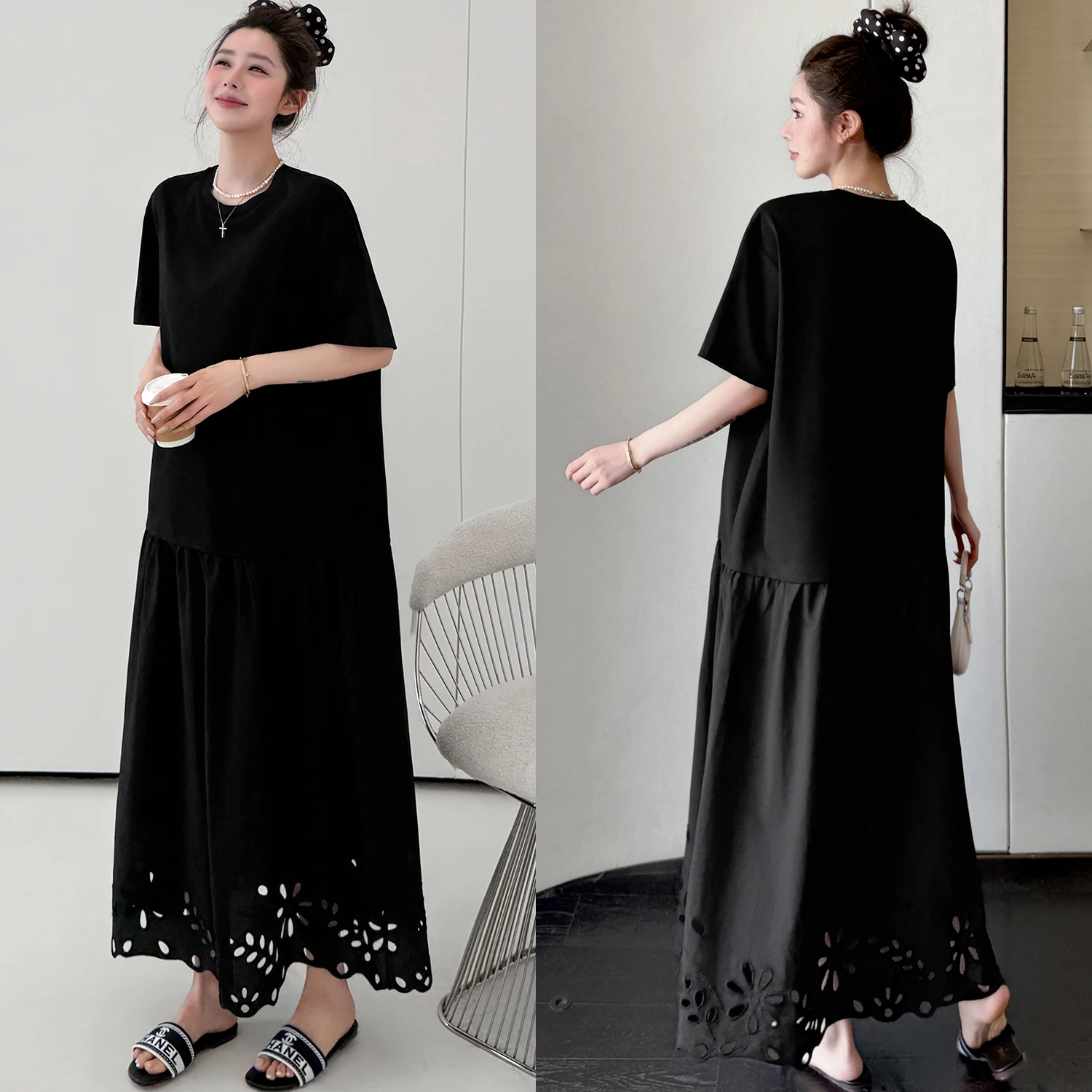 

New 2026 Summer Elegant Maturity Style round Neck Short Sleeve Midi Dress Skirt Paneling Women's Fashion Traditional Costume