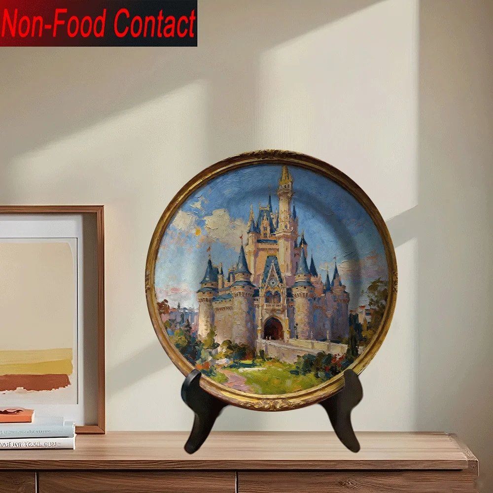 2D Flat, 1pc Castle Oil Painting Style Ceramic Decorative Plate - Non-Food Contact, Classic Round Home Decor for Living Room,