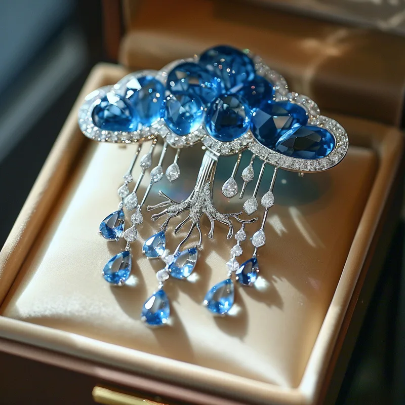 Micro-inlaid zircon blue crystal fringed cloud brooch clothing accessories customized
