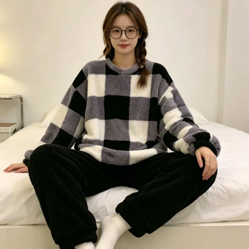 Pajamas Set Autumn Winter Thick Warm Cute Panda Print 2 Piece Sleepwear Casual Soft Sweet Cute Home Clothes Nightwear Vintage