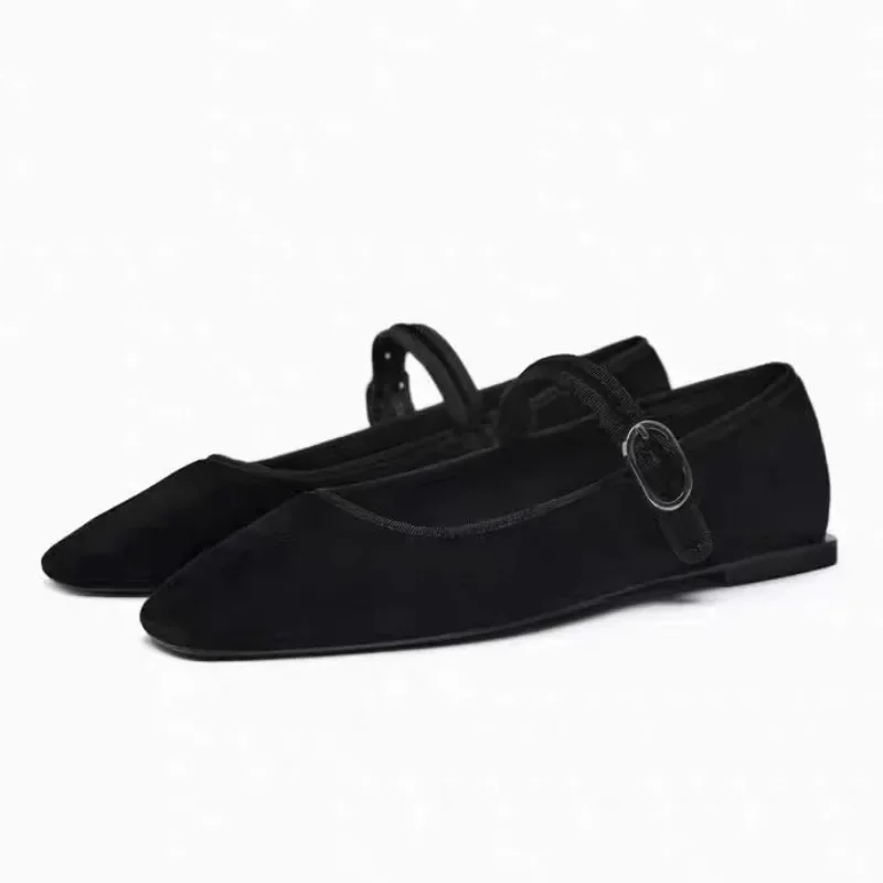 Versatile Square Toe Fashion Women Ballet Flats Soft Sole Comfortable Flock Black Autumn Footwear Designer Female Mary Jane Shoe