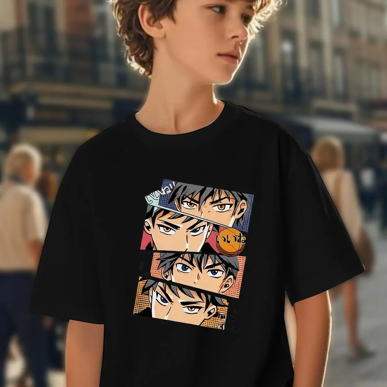 Children's Volleyball Anime T-shirt with Comic Panel and Eye Print Pure Cotton Top Suitable for Everyday Wear and School