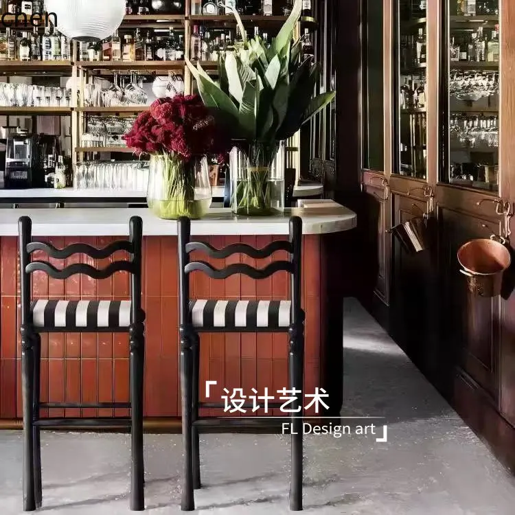 Tabouret de bar rétro CZ, tissu vintage, chaise d'îlot haut de gamme, bois massif, tabouret haut pour la maison