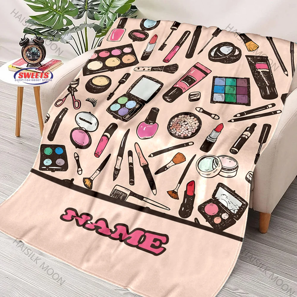 Name Custom,Cartoon Fun Cosmetics Lipstick Powder Print Blanket Gift for Girlfriend Wife Daughter Bedroom Sofa Bed Decor Blanket