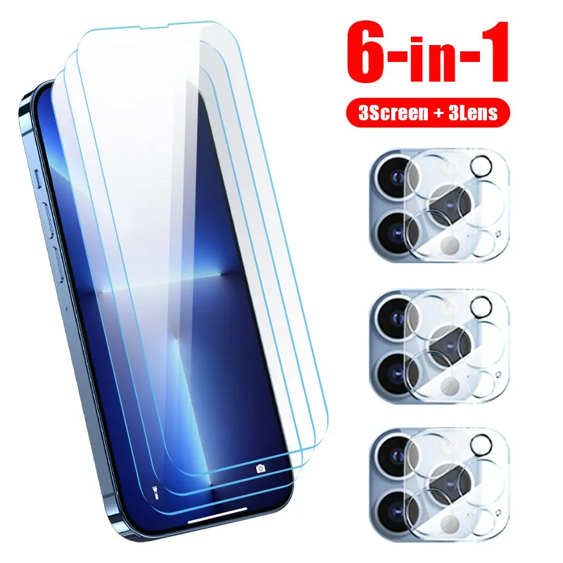 6in 1 Glass smartphone screen protector for iPhone 11 pro max 12 13 mini 14 15 plus Camera Lens Tempered Glass protective film