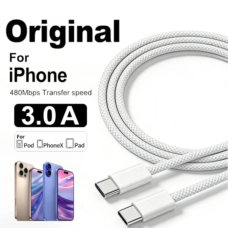 Original USB C Charger PD 60W Cable For IPhone 17 17e 16 15 Pro Max Plus Type C Braided Charging Cable Cord Fast Charging Wire