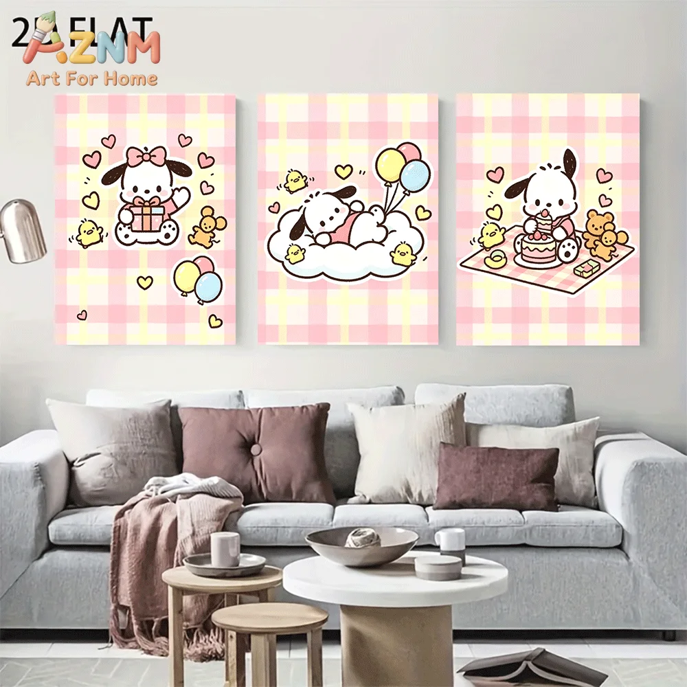 AZNM Pochacco Canvas Wall Art Unframed Cute Cartoon Print Poster Plaid Balloon Cake Heart Bear Kawaii Pink Pastel Design for Gir