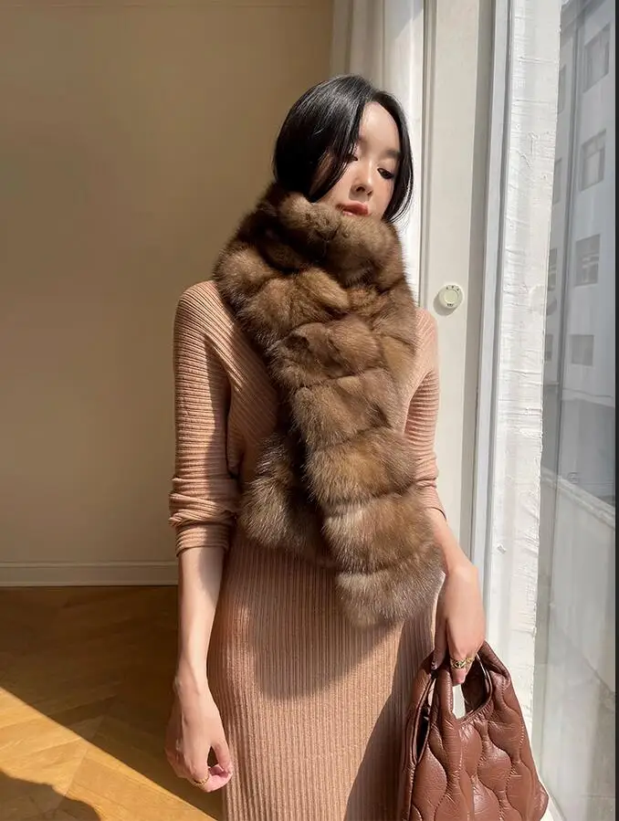 Women Winter Super Luxury Real Sable Fur Long Scarf Lady Muffler Shawl Ring